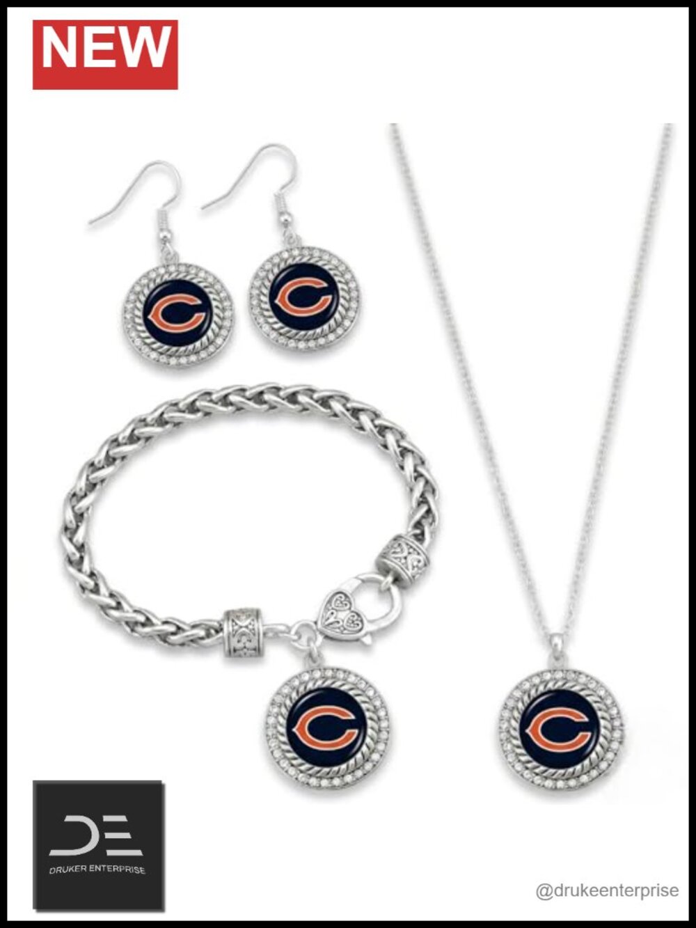 NFL 3 Piece Jewelry Set Necklace Bracelet Earrings Rhinestone Silver Plated